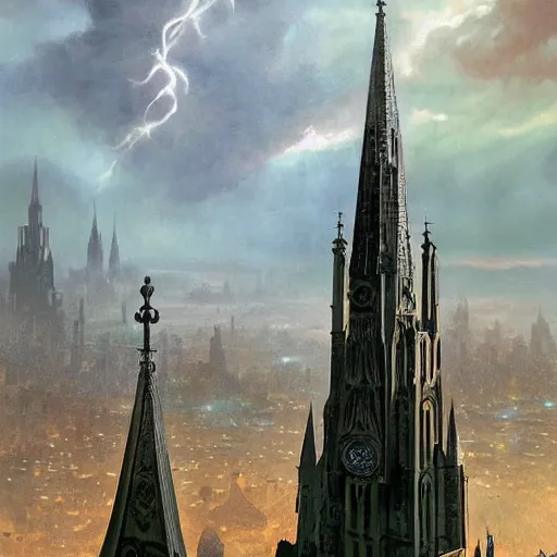 Image similar to an ultra detailed tarot card of a lonely and impossibly tall ominous gothic dark tower elevated high above the city, in a river elevated high above the city, fantasy capital city, ultrawide lense, aerial photography, volumetric lighting, exquisite detail, 8 k, art by greg rutkowski and alphonse mucha