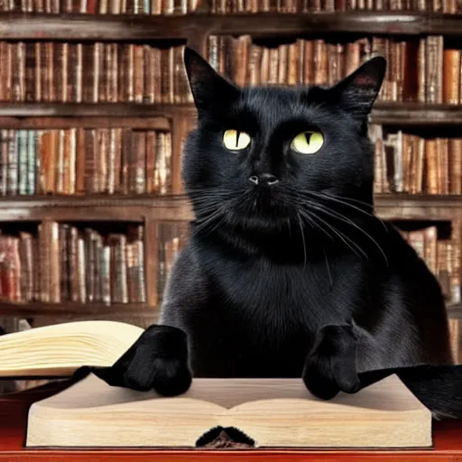 Prompt: photo of one black cat with long hair over a wooden table raising his hand and trying to cast an spell from an old book in a victorian library