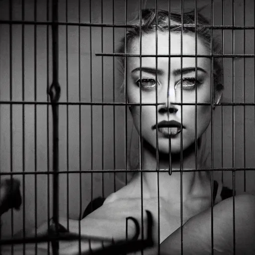 Image similar to amber heard crying alone inside a prison cell behind bars, ultra realistic, canon 3 5 mm portrait photography, 1 8 0 0 s, old timey, 8 k