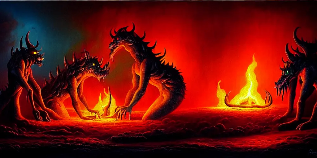 Image similar to mythical creatures and monsters at the mouth of hell, dramatic lighting glow from giant fire, in a dark surreal painting by ronny khalil