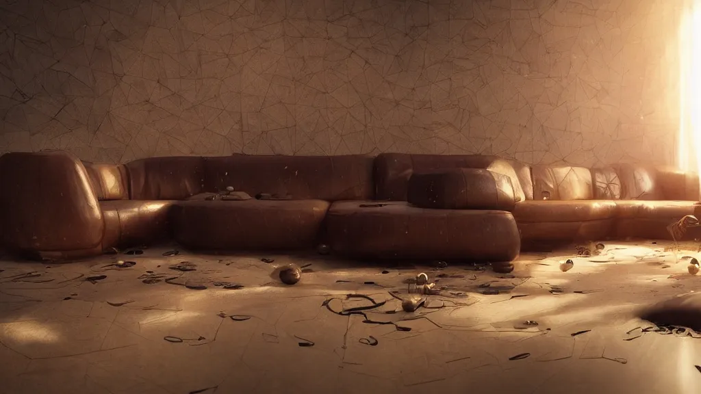 Image similar to a futuristic cozy leather couch, by wlop by jungyeonmin and james jean jhonseru jsezz artstation and greg rutkowski, with some wood and gold details, biomechanical, lens orbs, global illumination, lounge, volumetric lighting, granular detail, japandi, hyperrealist, micro details, blender, vray