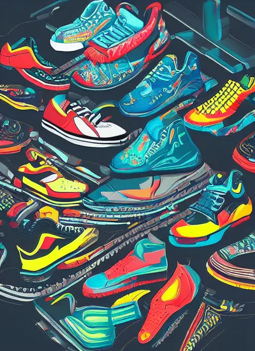 Image similar to “wide shot of sneakers that has details of plane and mechanics in texture with futuristic colorful background, cinematic lighting, light fog, backlit, digital art, trending on Artstation”