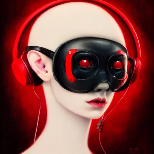 Prompt: portrait of a pale bald woman with red headphones, staring at you, black background, curious eyes, by Anato Finnstark, Tom Bagshaw, Brom
