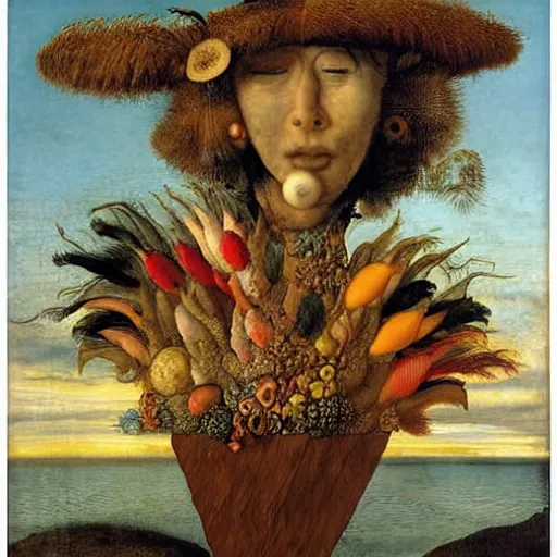 Image similar to sunset on the beach, by giuseppe arcimboldo,