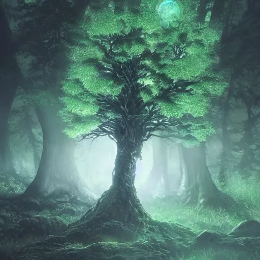 Image similar to glowing tree, green forest, white moon, establishing shot, extremly high detail, photo-realistic, cinematic lighting, pen and ink, intricate line drawings, by Yoshitaka Amano, Ruan Jia, Kentaro Miura, Artgerm, post processed, concept art, artstation, matte painting, style by eddie mendoza, raphael lacoste, alex ross