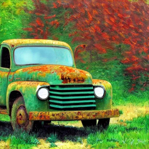 Image similar to impressionist painting of an old rusty pickup truck overrun by kudzu