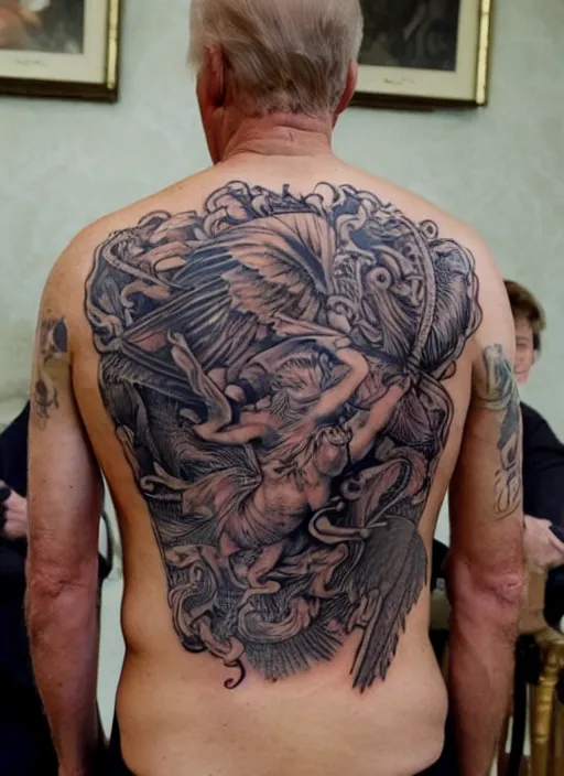 Prompt: a back tattoo of both biden and trump