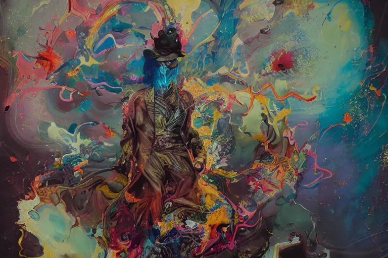 Image similar to a splattered action painting showing david bowie, ultradetailed, fine art painting, peter mohrbacher, moebius, david bowie, frottage, watercolor, acrylic, multilayered paint, spectacular splatter explosion, psychedelic art