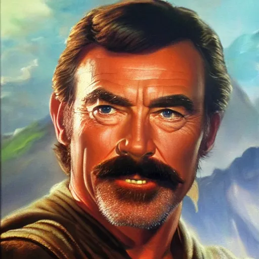 Image similar to ultra realistic portrait painting of tom selleck as obi - wan kenobi, art by frank frazetta, 4 k, ultra realistic, highly detailed, epic lighting