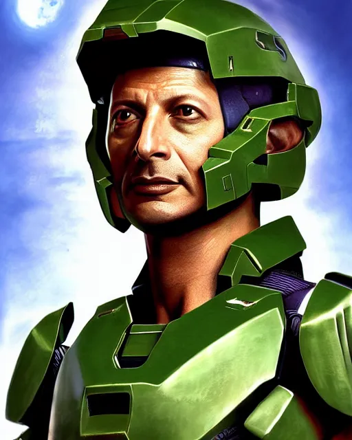 Image similar to jeff goldblum in a halo spartan suit, medium shot, video game digital art