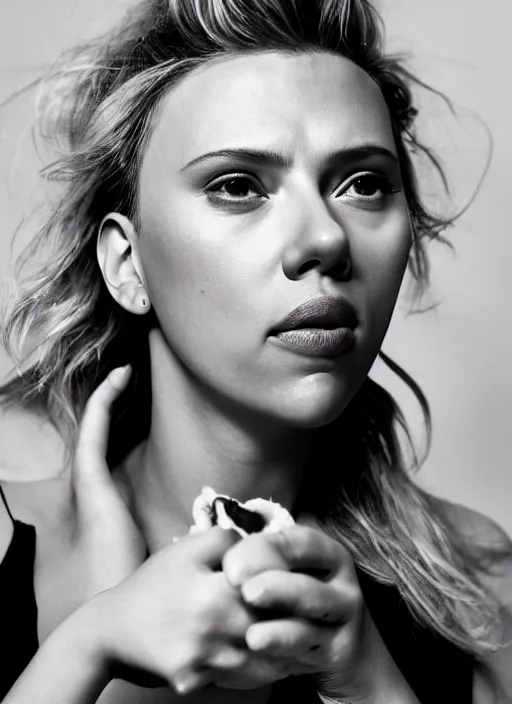 Prompt: scarlett johansson looking at the camera while about to eat yogurt, sadly the container exploded and the yogurt is all over her face. real photo, photoshooting, studio light, black background, intricate, epic lighting, cinematic composition, hyper realistic, 8k resolution, unreal engine 5