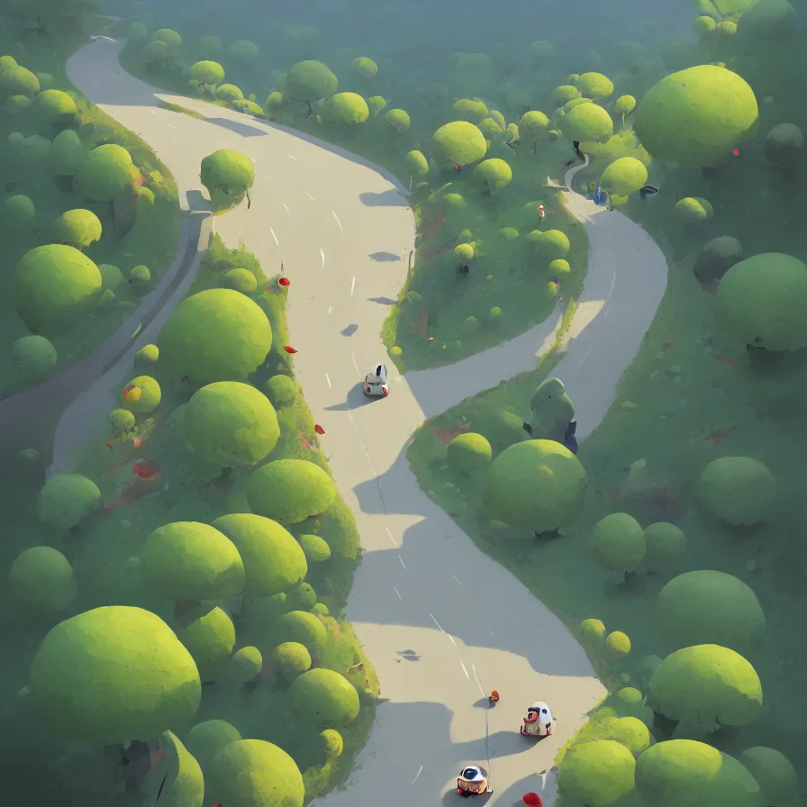 Image similar to Goro Fujita illustrating View from above of a mountain road descending in curves, art by Goro Fujita, concept art, sharp focus, ArtStation