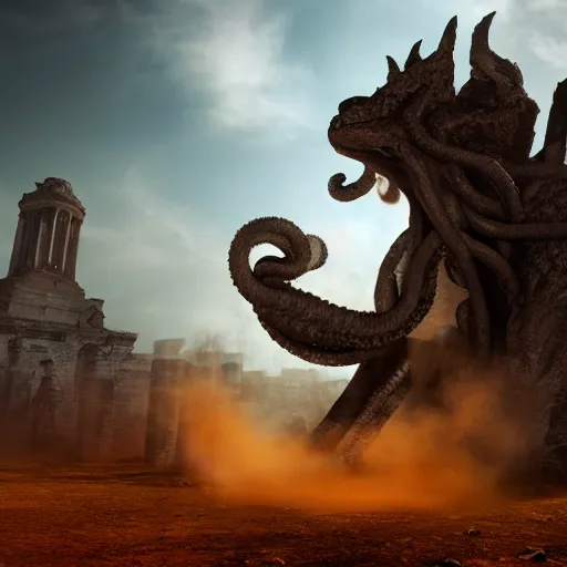 Image similar to Giant smoke monster coming out of the ground, thick swirling smoke, Nyarlathotep, Tentacles, mist, dramatic lighting, Byzantine ruins, desert, cinematic, trending on artstation