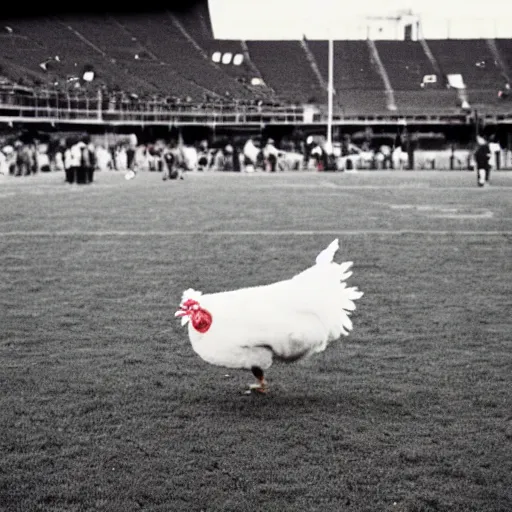 Image similar to the famous funky chicken runs across a football field, interrupting the big game, 3 5 mm