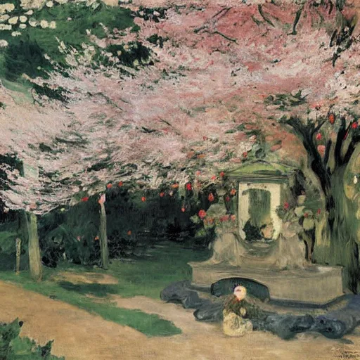 Prompt: ultradetailed ornamental shrine surrounded by cherry blossom trees, wet and rainy, painting by edouard manet