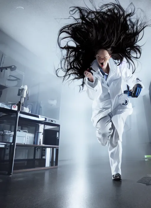 Image similar to a stock photo of a trashy female scientist running from a monster in a lab, wide shot, 2 4 mm lens, cinematic lighting, volumetric fog, iso 8 0 0, shallow depth of field, horror movie, award winning