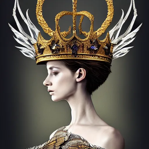 Prompt: elegant king's crown made of wings, delicate, fantasy, intricate, elegant, dramatic lighting, emotionally evoking symbolic metaphor, highly detailed, lifelike, photorealistic, digital painting, artstation, concept art, smooth, sharp focus, illustration, art by John Collier and Albert Aublet and Krenz Cushart and Artem Demura and Alphonse Mucha