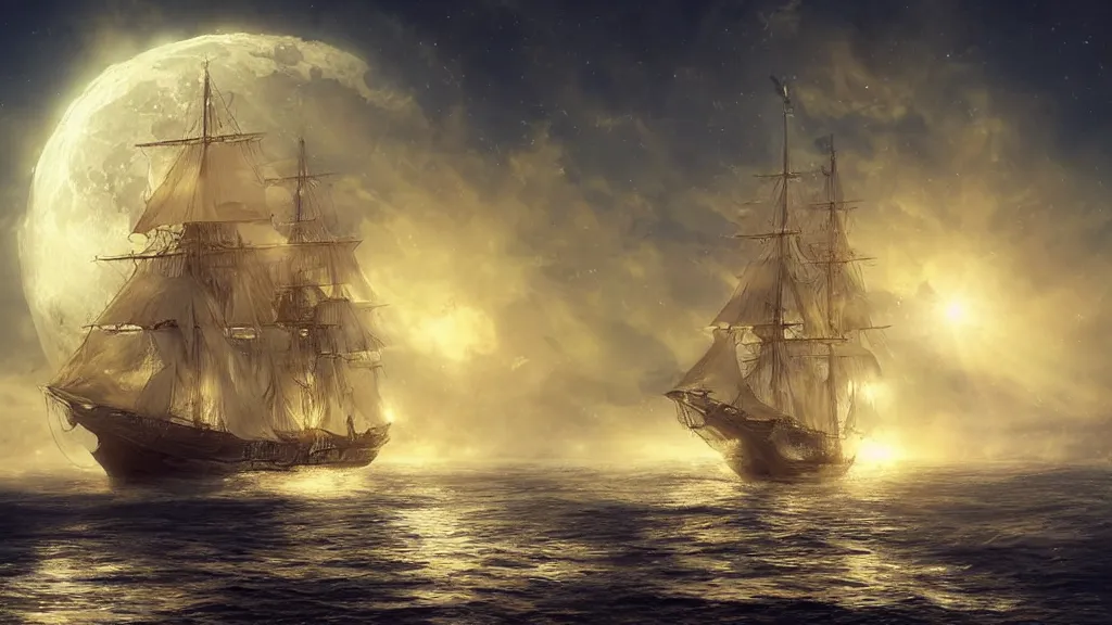 Prompt: Beautiful sailing ship in the moon light with backlight ” Beautiful Dreamscape, Digital art, concept art, detailed, lovely colors, Art station,3-D 4K, beautiful background, matte painting, ,