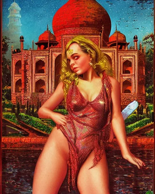 Prompt: tuesday weld visits the taj mahal by virgil finlay and basil gogos and francine van hove, bbwchan