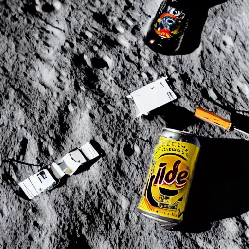 Prompt: photo of an idle electric guitar and an idle beer can next to one another on the moon surface. realistic