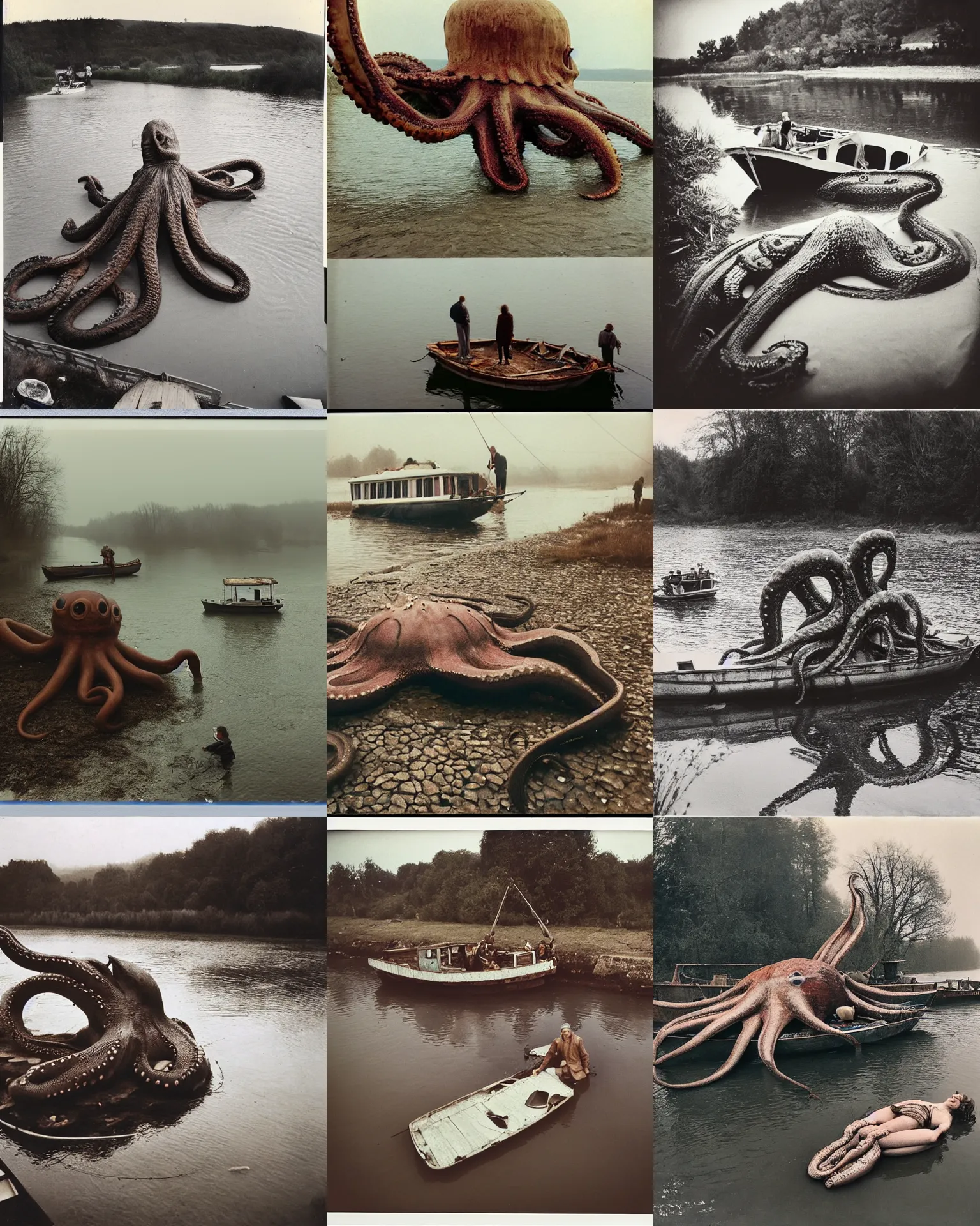 Prompt: giant oversized octopus dead at the side of the river, next to smal boat with people,on a village , Cinematic focus, Polaroid photo, vintage, neutral colors, soft lights, foggy, panorama by Steve Hanks, by Serov Valentin, by lisa yuskavage, by Andrei Tarkovsky