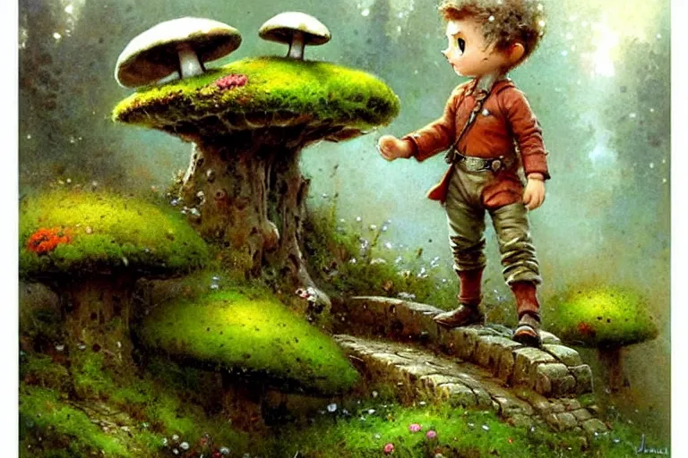 Image similar to adventurer ( ( ( ( ( 1 9 5 0 s retro future robot android boy in forrest of giant mushrooms, moss and flowers stone bridge. muted colors. ) ) ) ) ) by jean baptiste monge!!!!!!!!!!!!!!!!!!!!!!!!! chrome red