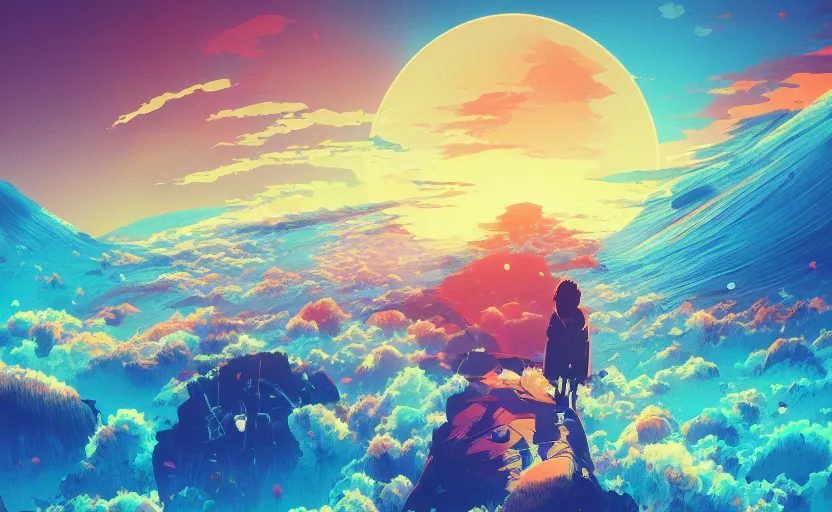 Prompt: beautiful sunset album cover, cartoon digital painting, detailed, beautiful brush stroke rendering, by beeple, by hayao miyazaki, by takashi murakami, by masahiro ito, 4 k wallpaper