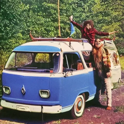 Prompt: a 1970's hippie poster with 2 guys hitchhiking at the edge of the road with a caravan