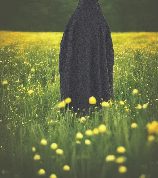 Image similar to tall hooded shadow person figure standing in beautiful meadow of flowers, film photo, grainy, high detail, high resolution