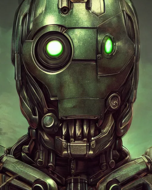 Image similar to portrait of a green ultron from age of ultron, clockwork steampunk, dieselpunk, head and chest only, by beksinski, 4 k, deviantart, 3 d unreal engine, trending on artstation