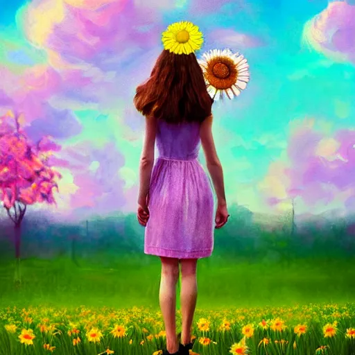 Image similar to daisy flower as a face, girl walking in flower field, holding daisy, surreal photography, sunrise, impressionist painting, colorful clouds, digital painting, artstation, simon stalenhag, flower face