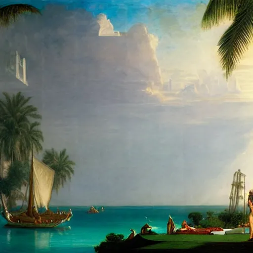 Image similar to Palace floating in the sky, 1km tall, thunderstorm, greek pool, beach and palm trees on the background major arcana sky, by paul delaroche, hyperrealistic 4k uhd, award-winning very detailed