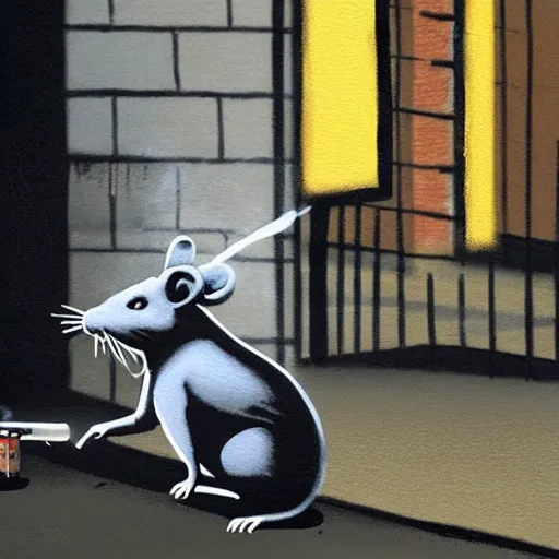 Prompt: a rat smoking a joint in new york with smoke coming through a grate in the ground and warm street lights in the background, painting by banksy, banksy art, high detail, 4 k, smooth,