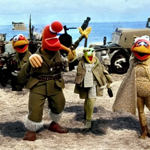 Prompt: screenshot of the muppets beach landing in world war 2 movie saving private muppets d-day W 1024