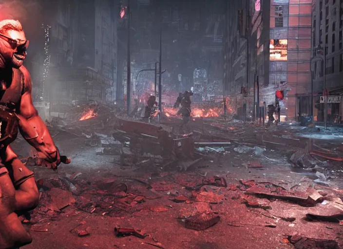 Prompt: duke nukem battling his way through a destroyed new york, a hord of pigmen are chasing, during the night, rain, street fires, pigsoldiers, rendered in cryengine, volumetric lighting, rtx on