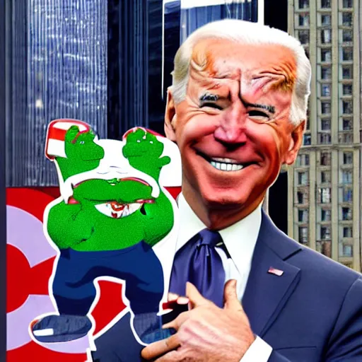 Prompt: joe biden in a bloody diaper, fist fighting a dwarf - sized pepe donald trump, helipad at the top of dystopian city skyscraper, ultra hyper mega realistic, render,