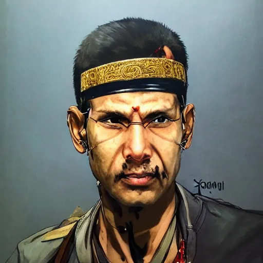 Image similar to portrait of sajtama by yoji shinkawa, high quality, english man, extra details, realism, ornate, colored, golden chain, blood, white skin, short hair, brown eyes, vivid, sunlight, red headband, black eyepatch, white american soldier, painting, cybernetics, military