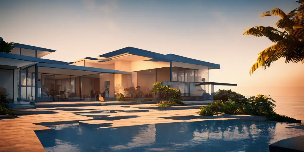 Image similar to modern house in a tropical setting, a view of the beach, sunset, photorealism, beautiful, cinematic dramatic atmosphere, volumetric cinematic perfect light, detailed octane render trending on artstation, 8 k, by chris hytha and jag studio