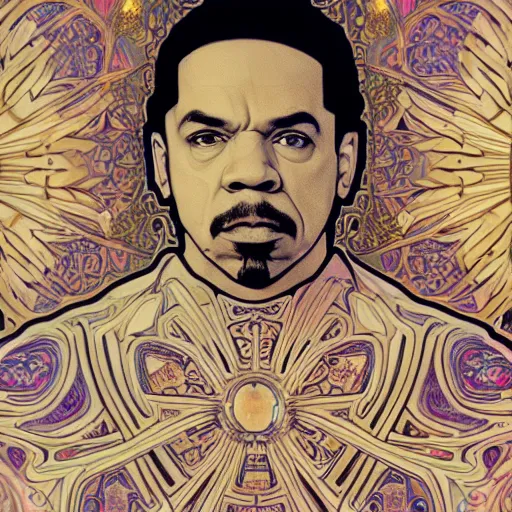 Prompt: ice - t portrait, icy, alfons mucha, golden hour, realistic, body shot, sharp focus, 8 k high definition, insanely detailed, intricate, elegant, cherry blossoms