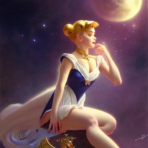 Image similar to of Sailor Moon, dark fantasy, medium shot, intricate, elegant, highly detailed, digital painting, volumetric light, artstation, concept art, smooth, sharp focus, illustration, art by Gil Elvgren and Greg Rutkowski and Alphonse Mucha