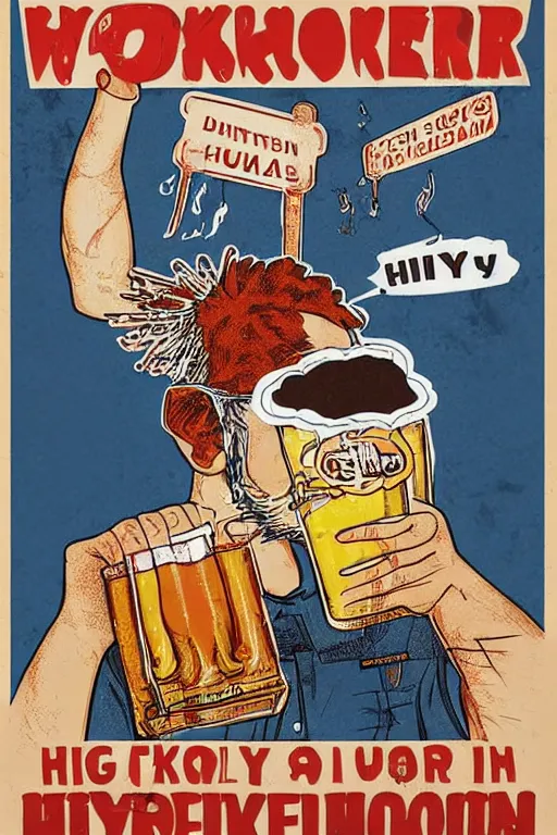 Image similar to worker revolution drinking beer and fried chicken through his head, poster propaganda art style, higly detailed