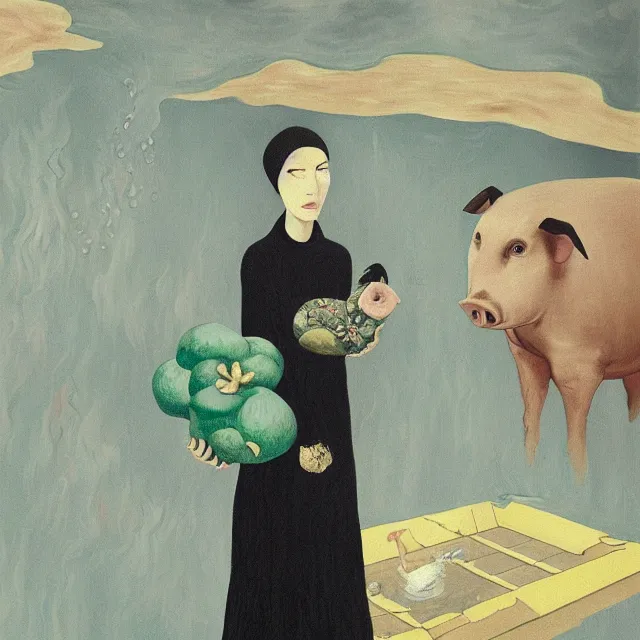 Image similar to tall female emo artist holding a pig in her flooded apartment, mushrooms, octopus, water gushing from ceiling, painting of flood waters inside an artist's apartment, a river flooding indoors, pomegranates, pigs, ikebana, zen, river, rapids, waterfall, black swans, canoe, berries, acrylic on canvas, surrealist, by magritte and monet