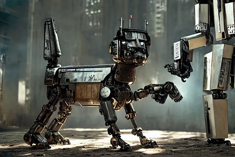 Image similar to film still from the movie chappie of the robot chappie shiny metal outdoor scene bokeh depth of field furry anthro anthropomorphic stylized wolf dog canine ears head android service droid robot machine fursona