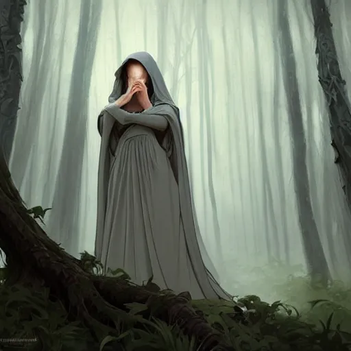 Prompt: wide angle, cloaked woman, sleeping on base of tree, white grey blue color palette, eyes closed, forest, female, d & d, fantasy, intricate, elegant, highly detailed, long brown hair, digital painting, artstation, octane render, concept art, matte, sharp focus, illustration, hearthstone, art by artgerm, alphonse mucha johannes voss