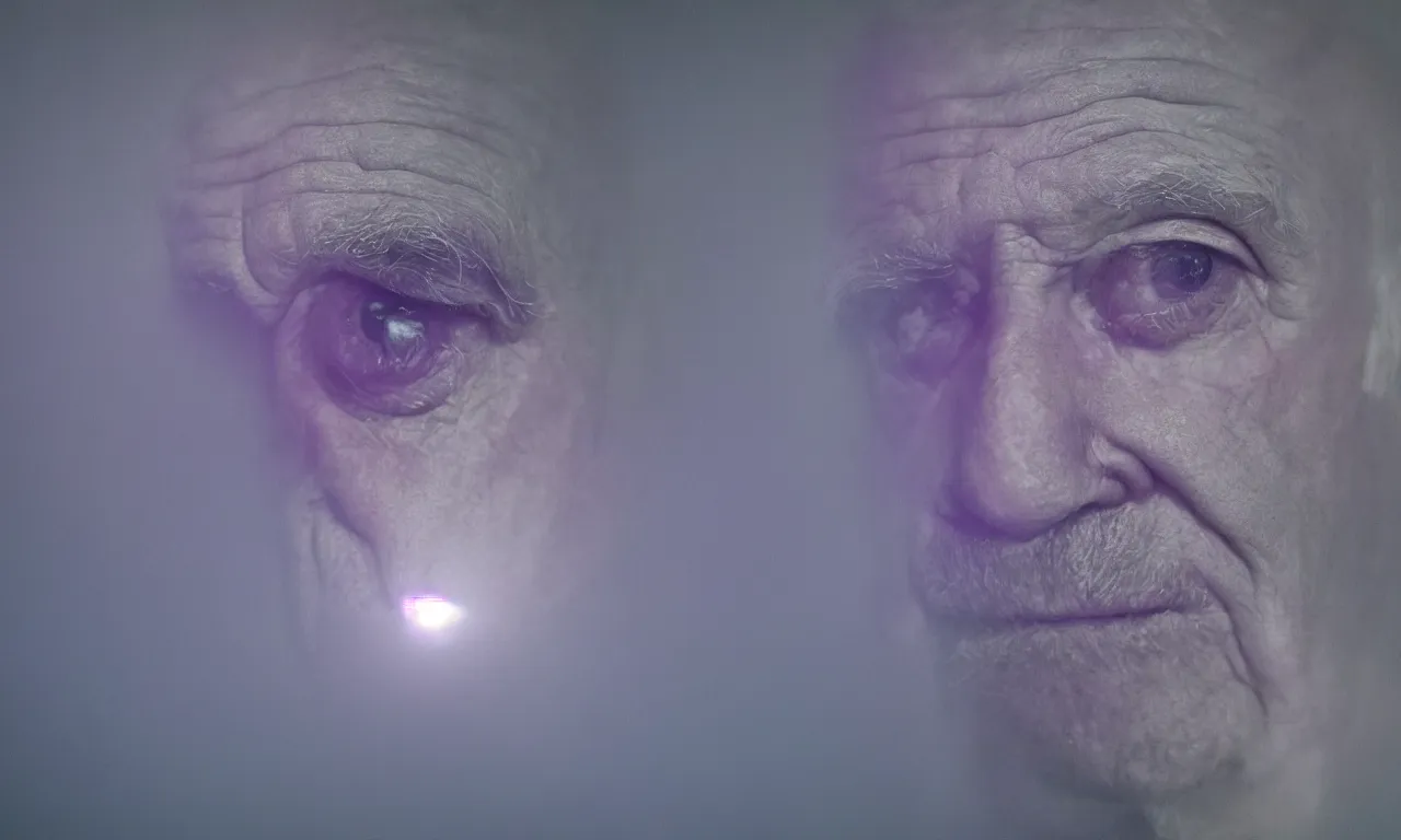 Image similar to a photo of an old man drowning in purple light looking sad with a zoomed in fish eye lens, photorealistic, 4 k, 8 k, ultra hd.