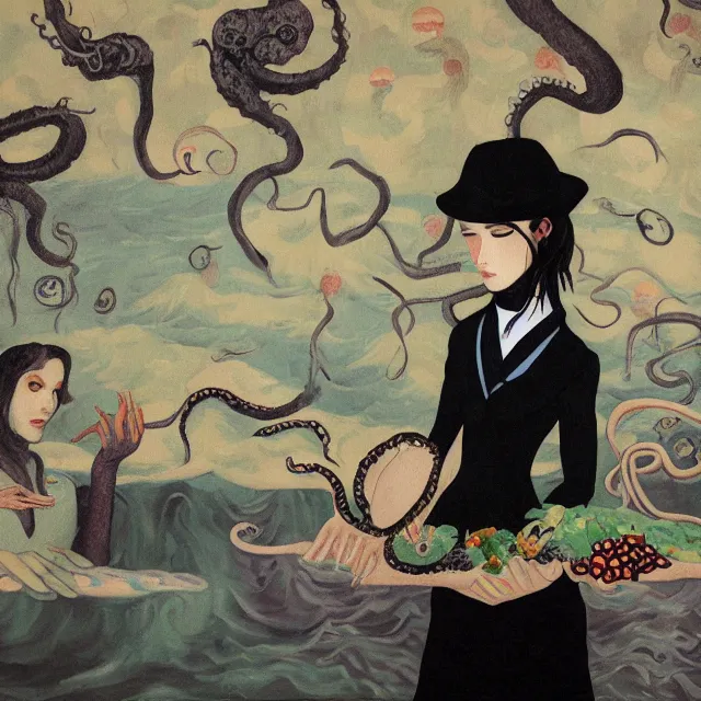 Image similar to tall female emo artist holding an octopus in a flooded cafe, octopus, water gushing from ceiling, painting of flood waters inside a cafe, a river flooding indoors, pomegranates, pigs, ikebana, water, octopus, river, rapids, waterfall, black swans, canoe, berries, acrylic on canvas, surrealist, by magritte and monet