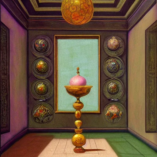 Image similar to still life renaissance pastel painting of a room with a marbled pedestal displaying an ancient holy artifact lotus, chromed and ornate with gentle iridescent shine from within. perspective from the side. realistic light and shadows. moody final fantasy concept art