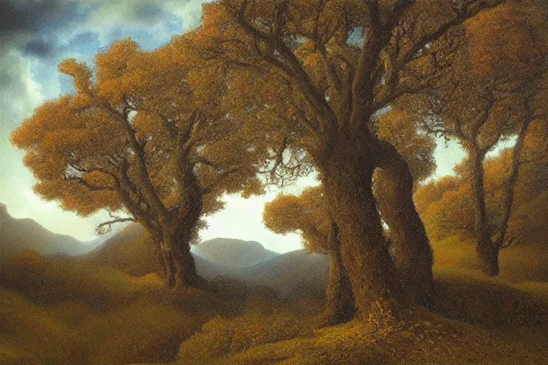 Image similar to masterpiece painting of oak trees on a hillside overlooking a creek, dramatic lighting, by agostino arrivabene