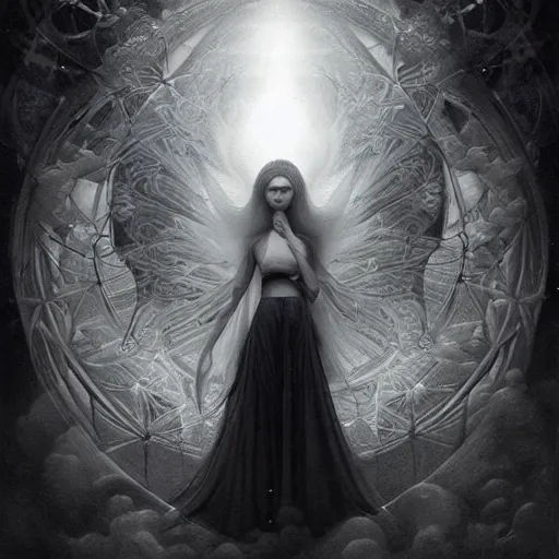 Prompt: By Tom Bagshaw, ultra realist soft painting of magical universe by night, Lilipuff, symmetry accurate features, very intricate details, ominous sky, black and white, volumetric light clouds