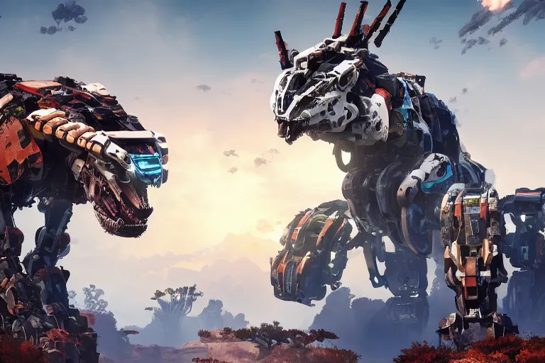 Image similar to scrapper machine mecha animal beast robot of horizon forbidden west horizon zero dawn bioluminiscence global illumination ray tracing hdr fanart arstation by sung choi and eric pfeiffer and gabriel garza and casper konefal